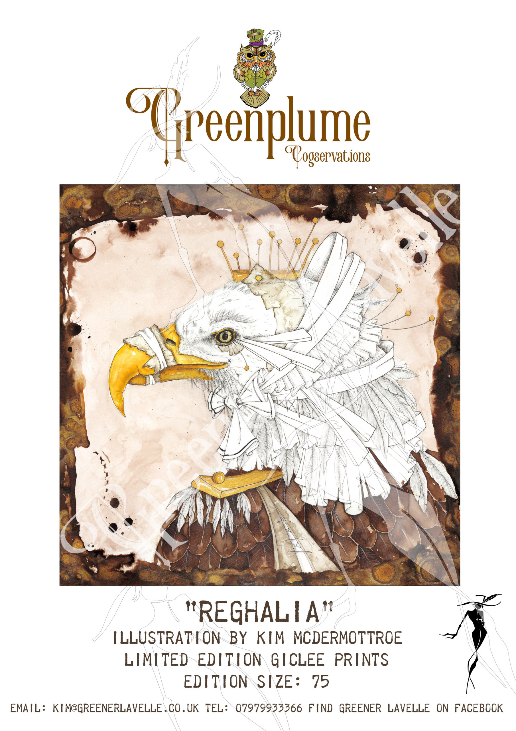 Stylised illustration of a bald eagle bitrd's head looking left. The eagle has a golden crown and frills and ribbons amongst the white head feathers. There is a dark brown edge on the paper and the background is washed in light brown ink.