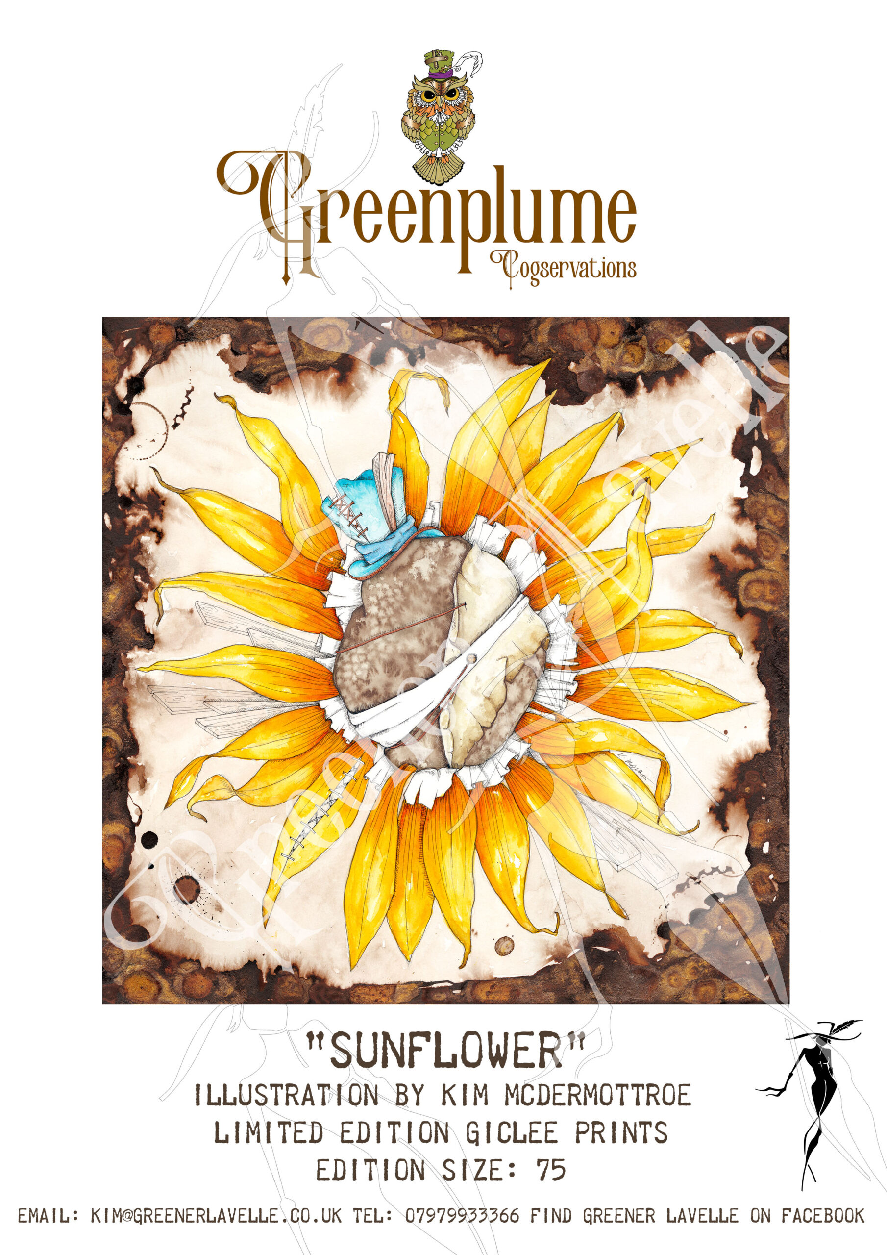 a stylised, brightly coloured illustration of a sunflower wearing a blue top hat. The flower appears to be wrapped across it's centre.