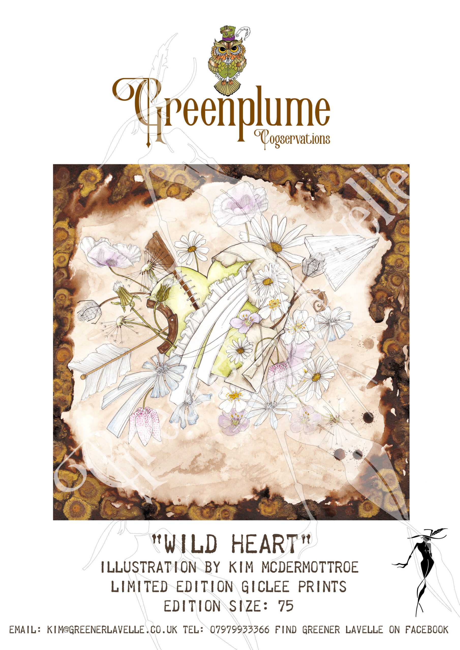 Stylised illustration in ink of a green love heart, in and amongst pastel coloured flowers.