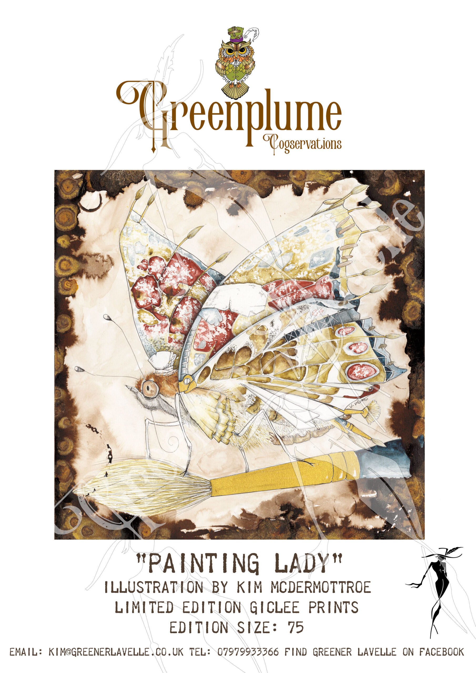 A stylised illustration of a butterlfy insect wearing a top hat and standing on a paintbrush